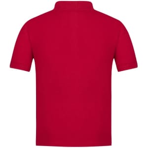 A red polo shirt with a collar and short sleeves, featuring a branding logo.
