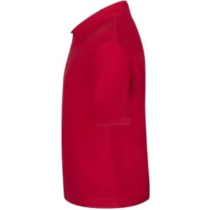 A red kids' polo shirt with a classic collar and short sleeves, featuring a logo on the chest.