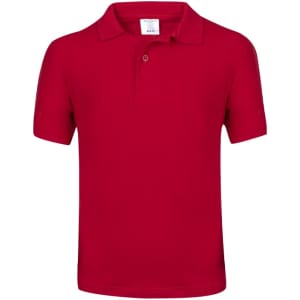 A red polo shirt featuring a collar and short sleeves. The shirt includes a brand logo.