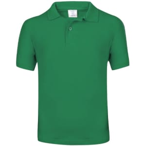 A green kids' polo shirt with a classic collar and short sleeves, featuring a small logo.