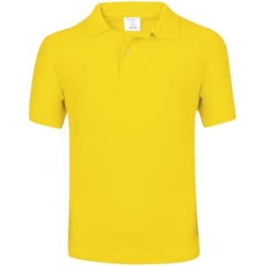 A bright yellow kids' polo shirt with a collar and a logo. Simple design, perfect for casual wear.