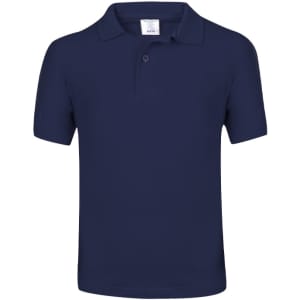 A navy blue kids' polo shirt with a collar and short sleeves, featuring a logo.