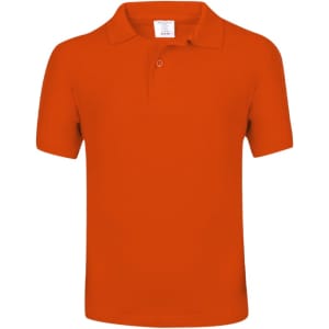 An orange polo shirt with a collared neck and short sleeves, featuring a logo on the label.