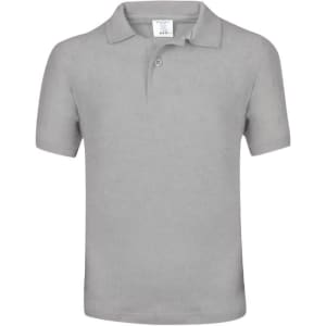A grey kids' polo shirt with a collar and short sleeves. The shirt features a logo.