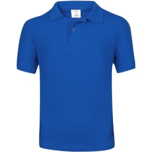 A blue kids' polo shirt featuring a collar and short sleeves, with a label inside.
