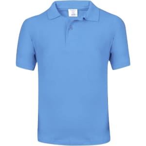 A sky blue kids' polo shirt with a collar and short sleeves, featuring a label inside.
