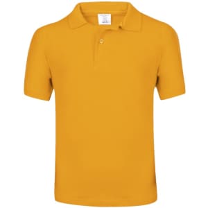A bright yellow polo shirt with a classic collar and short sleeves, featuring a logo on the chest.