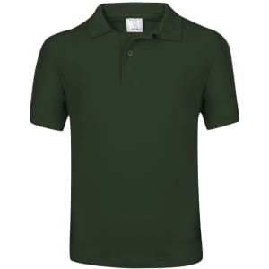 A dark green kids' polo shirt with a collar and short sleeves, featuring a logo on the chest.