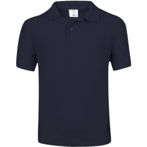 A navy blue kids' polo shirt with a collar and a logo on the sleeve.