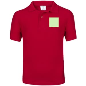 A red polo shirt for kids featuring a square patch area on the front and a collar. It has a logo.