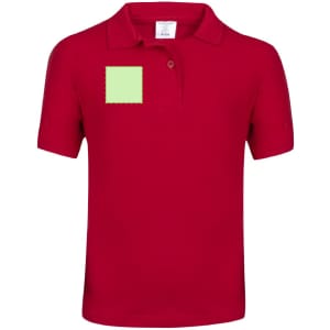 A red polo shirt with a small square patch on the front and a logo on the chest area.