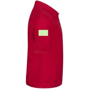 A red polo shirt for kids featuring a plain area on the sleeve for branding.