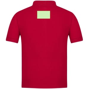 A red kids' polo shirt featuring a collar and short sleeves, with a blank patch on the back.