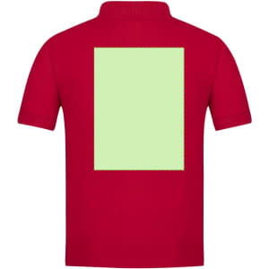 A red kids' polo shirt featuring a blank green rectangle on the back. It has a collar and short sleeves.