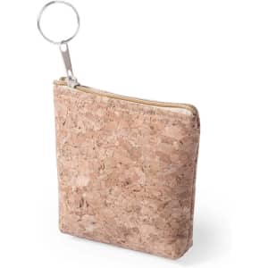 A small, light pink cork purse with a keyring attached and a zip closure.