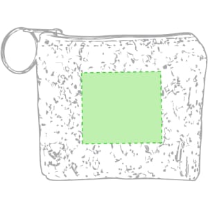 A natural-coloured purse with a textured finish and a square design on the front. It features a zip and a ring.