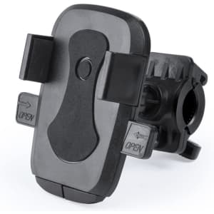 A black car phone holder featuring adjustable grips and a central mount, suitable for various phone sizes.