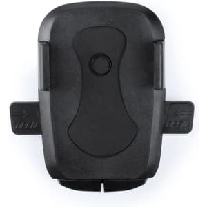 A black car phone holder with a central button and adjustable sides. It features a branding logo on the front.