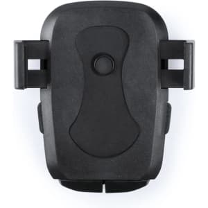 A black car phone holder with adjustable grips and a central button, designed for secure phone storage.