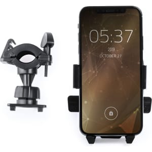 A black car phone holder displayed beside a smartphone in a black case, featuring a digital clock and date on the screen.