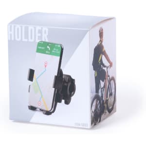 A phone holder box featuring a black holder for bicycles with a smartphone displaying a map. It includes branding.