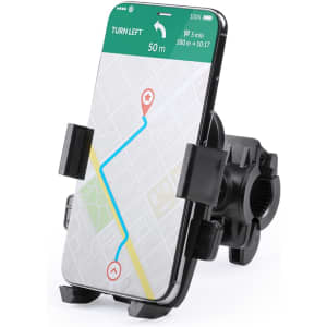 A black car phone holder displaying a smartphone with a navigation map on the screen.