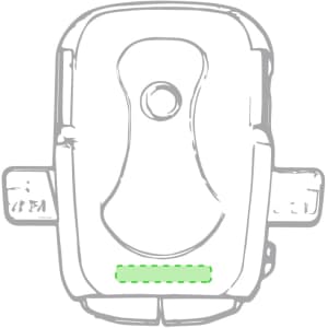 A car phone holder in white with a green accent, featuring a central button and side grips, and a branding logo.