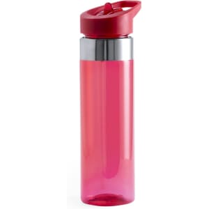 A drink bottle in a vibrant pink colour with a red lid and a silver band. It features a logo on the body.