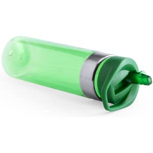A drink bottle in bright green with a silver band and a flip-top lid. It has a logo on the side.