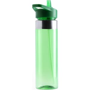 A drink bottle in transparent green with a black and green lid, featuring a drinking spout and a sleek design.