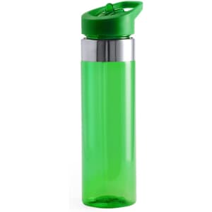 A drink bottle in vibrant green with a silver band and a green flip-top lid. It features a logo.
