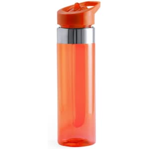 A drink bottle in bright orange with a silver stainless steel accent and a flip-top lid. It features a logo.