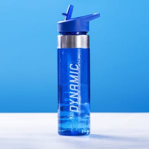 A drink bottle in blue featuring a clear body and a blue lid, with a metallic band and a logo.