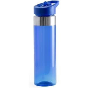 A drink bottle in gradient blue, featuring a stainless steel band and a flip-top lid. It has a logo on the side.