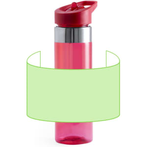 A drink bottle in pink plastic with a red lid and a silver band, featuring a logo.
