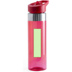 A drink bottle in pink with a red lid and a silver band, featuring a blank area for customisation.