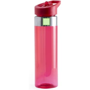 A drink bottle in vibrant pink with a red lid and a metal accent, featuring a logo.