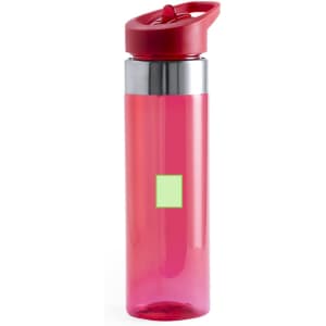 A drink bottle in pink with a red lid, featuring a metallic band and a blank square for custom branding.