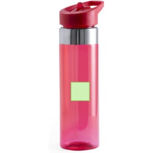A drink bottle in bright pink with a silver band and a red lid, featuring a blank area for customisation.