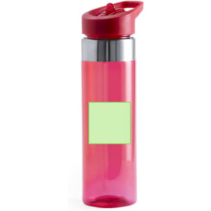A drink bottle in vibrant pink with a red lid and a silver band, featuring a blank label space.