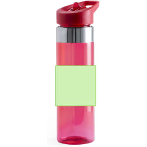 A drink bottle featuring a clear pink body and a red lid, with a space for custom branding.