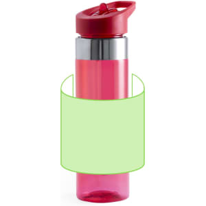 A drink bottle featuring a red lid and a transparent body, with a metallic collar and a green sleeve.