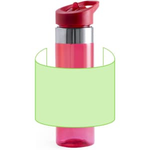 A drink bottle featuring a transparent pink body and a red lid, with a silver band. It has a logo on the side.