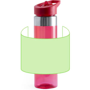 A drink bottle in pink with a silver band and a red cap. It features a logo on the surface.