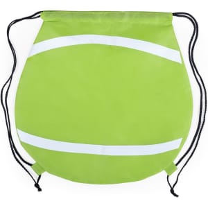 A green drawstring bag with white stripes and black cords, featuring a logo.