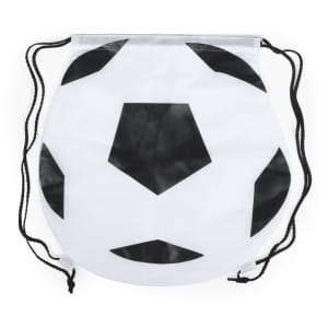 A drawstring bag designed to look like a soccer ball, featuring a black and white pattern and black drawstrings.
