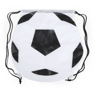 A drawstring bag in the shape of a soccer ball, featuring a black and white design with a logo.