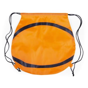 An orange drawstring bag with black accents and strings for closure. It features a simple, rounded design.