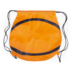 An orange drawstring bag with black accents and a rounded shape, featuring drawstrings on either side.