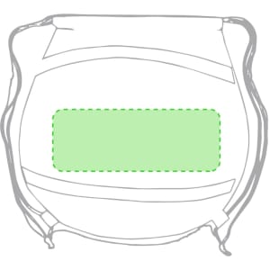 A grey drawstring bag with a green rectangular section, featuring a logo or branding.